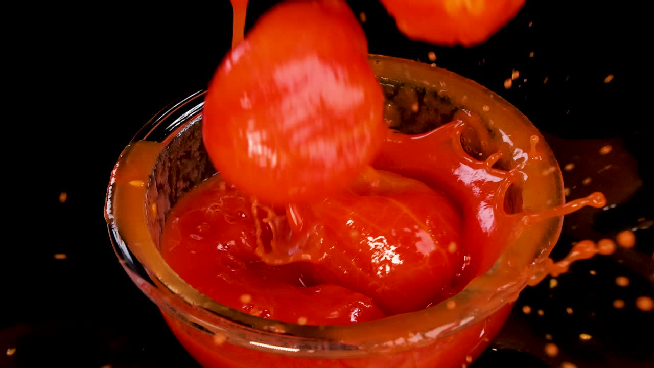 A whole tomato is dropped into a clear glass bowl filled with tomato sauce, creating a dramatic splash under bright, focused lighting against a dark background