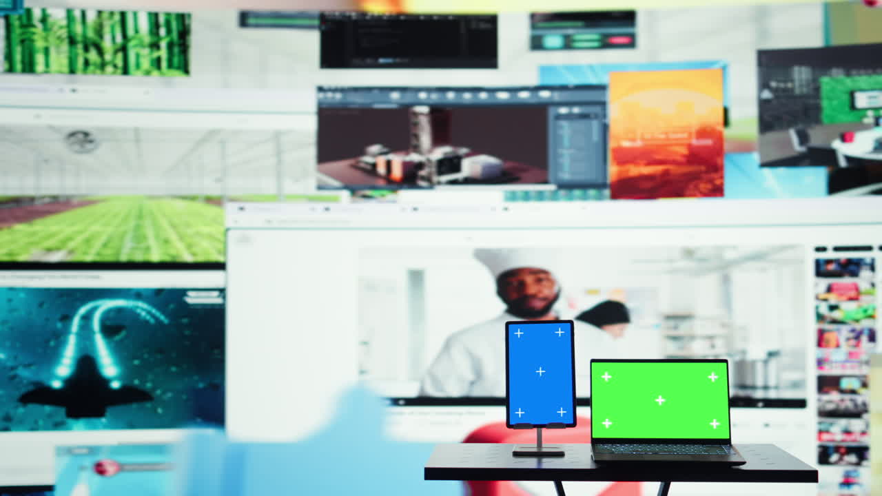 Vertical video Green screen laptop and video media collage reflecting entertainment concept