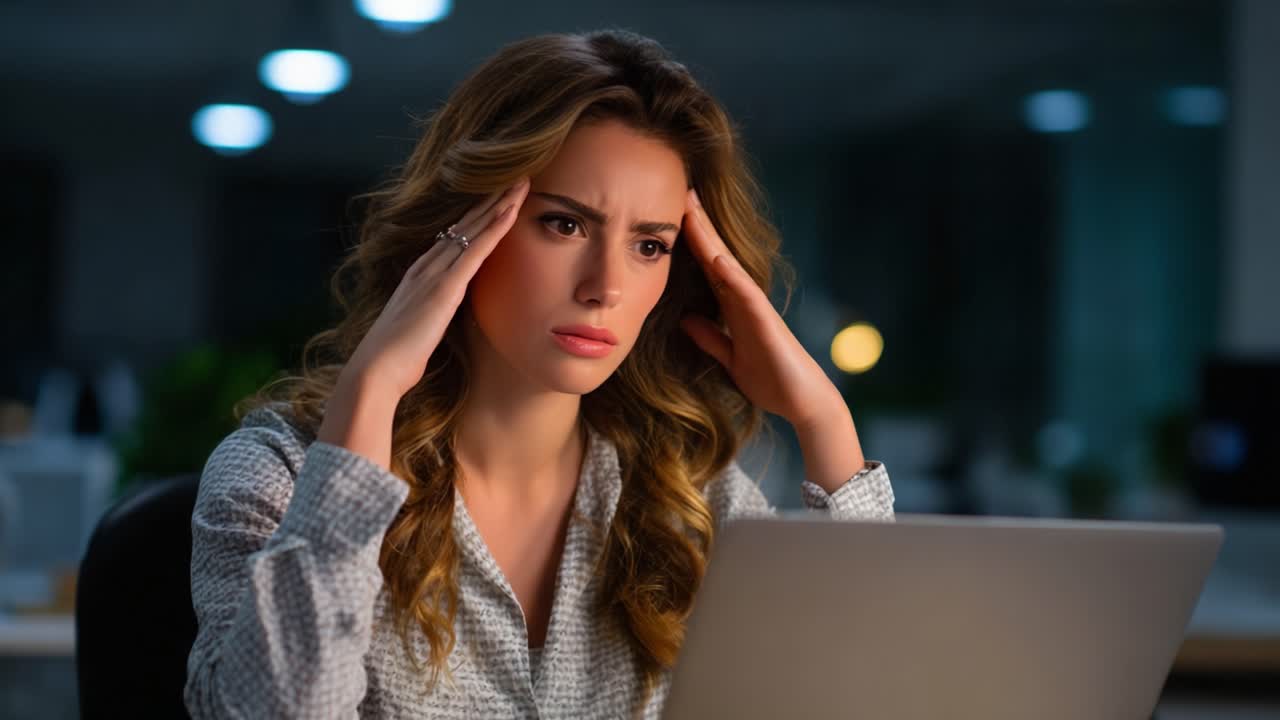 A woman experiencing stress and frustration while working late at night on her laptop. Her expression shows the strain of long hours and mental fatigue in a dimly lit office environment