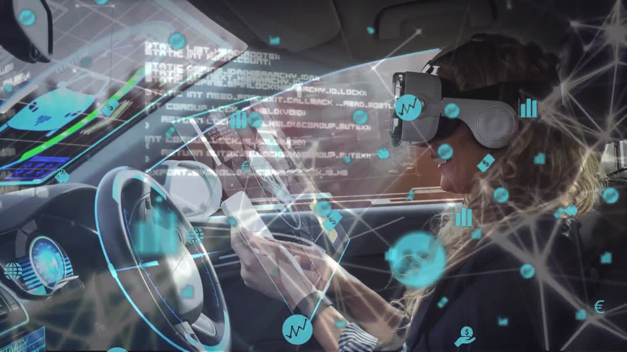 red de iconos digitales contra la mujer que usa auriculares vr usando tableta digital en un coche de conducción autónoma