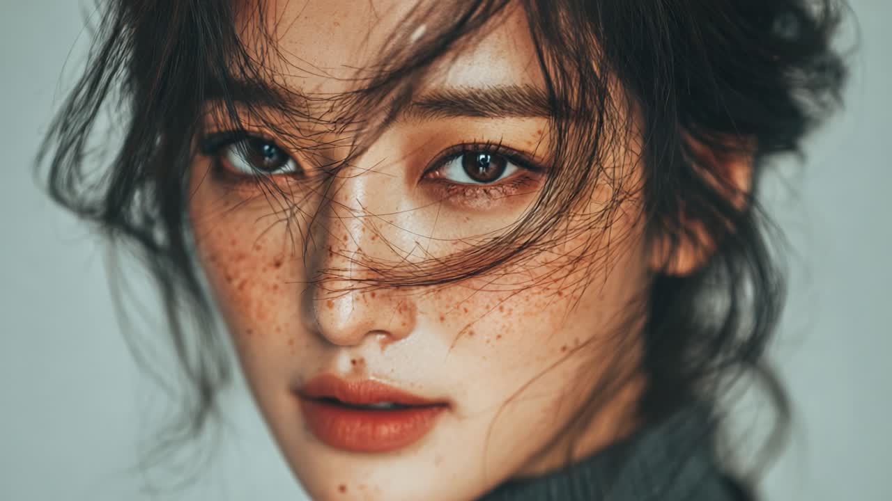A captivating portrait showcasing a young woman's beauty with striking freckles and expressive eyes, framed by flowing hair, highlighting the essence of natural elegance