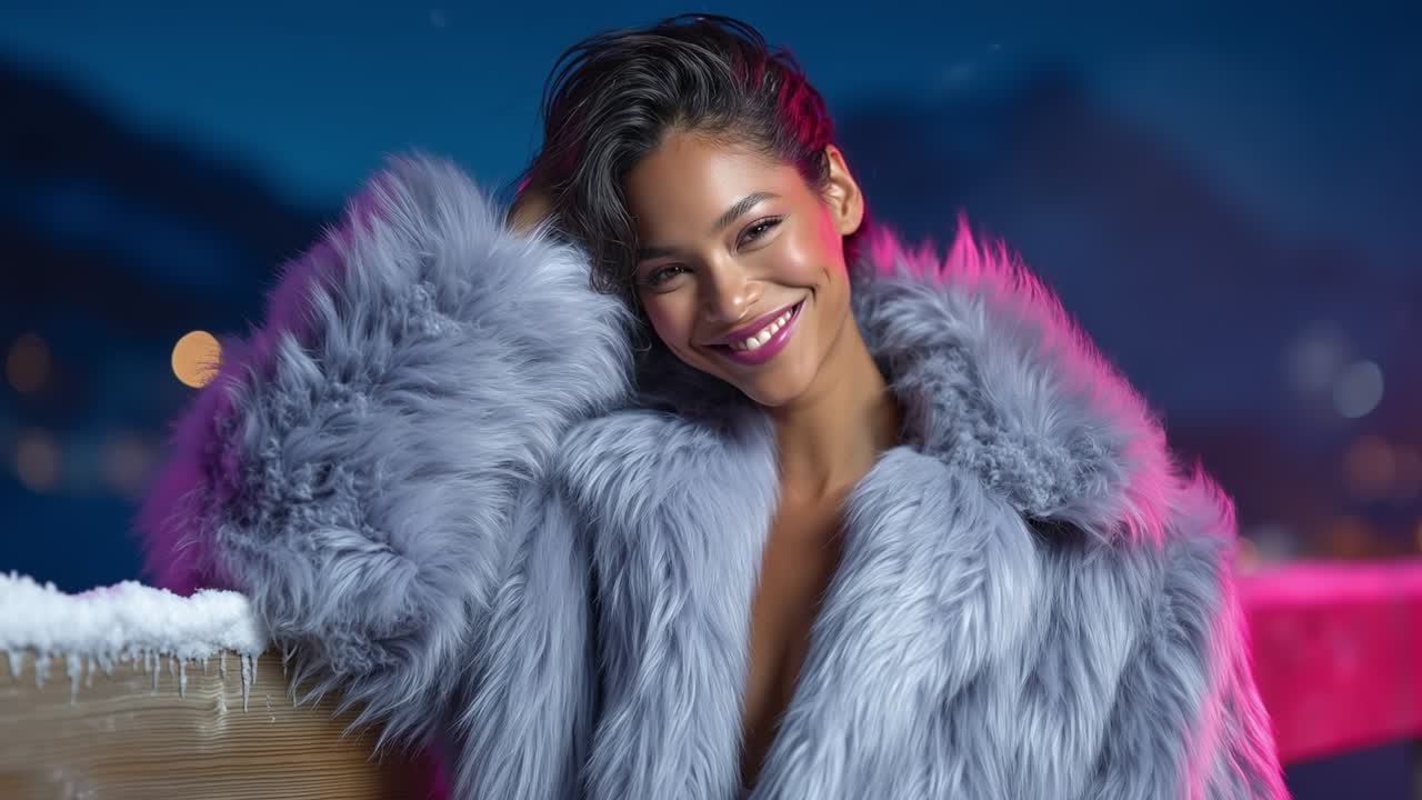 Happy smiling woman wearing elegant grey faux fur coat outdoors in a snowy night winter atmosphere