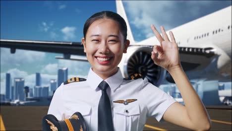 close up of asian woman pilot smiling and showing okay gesture to camera while standing in airfield with airplane on background