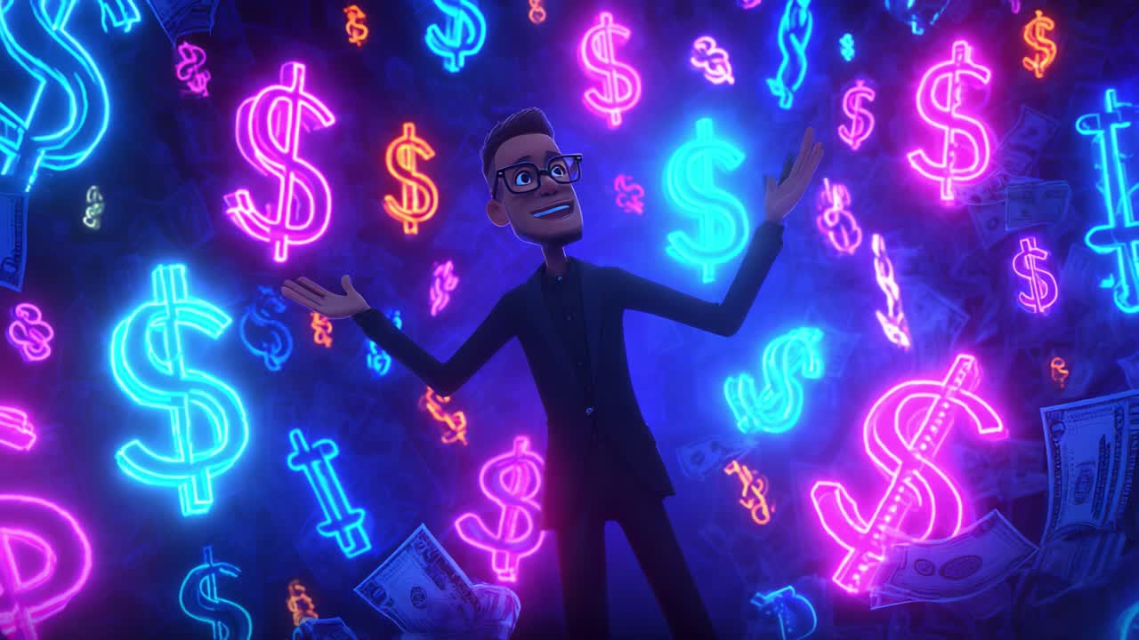 A vibrant animated scene featuring a confident character surrounded by glowing dollar signs and floating money, showcasing themes of wealth, success, and financial opportunity in a dynamic environment