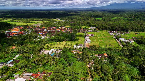 aerial view of ubud, bali, featuring green rice fields, dense jungle, and vibrant village life in indonesia's cultural heart