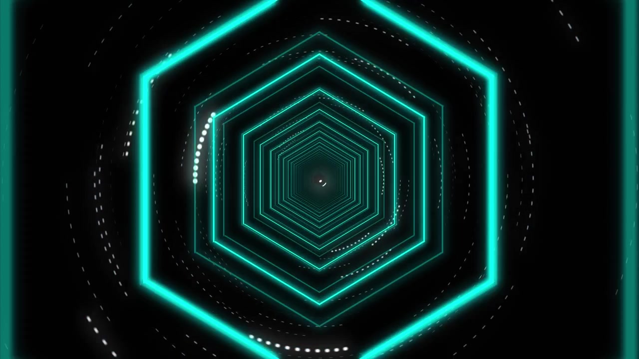 Animation of moving concentric blue neon hexagons distorting on cosmos background
