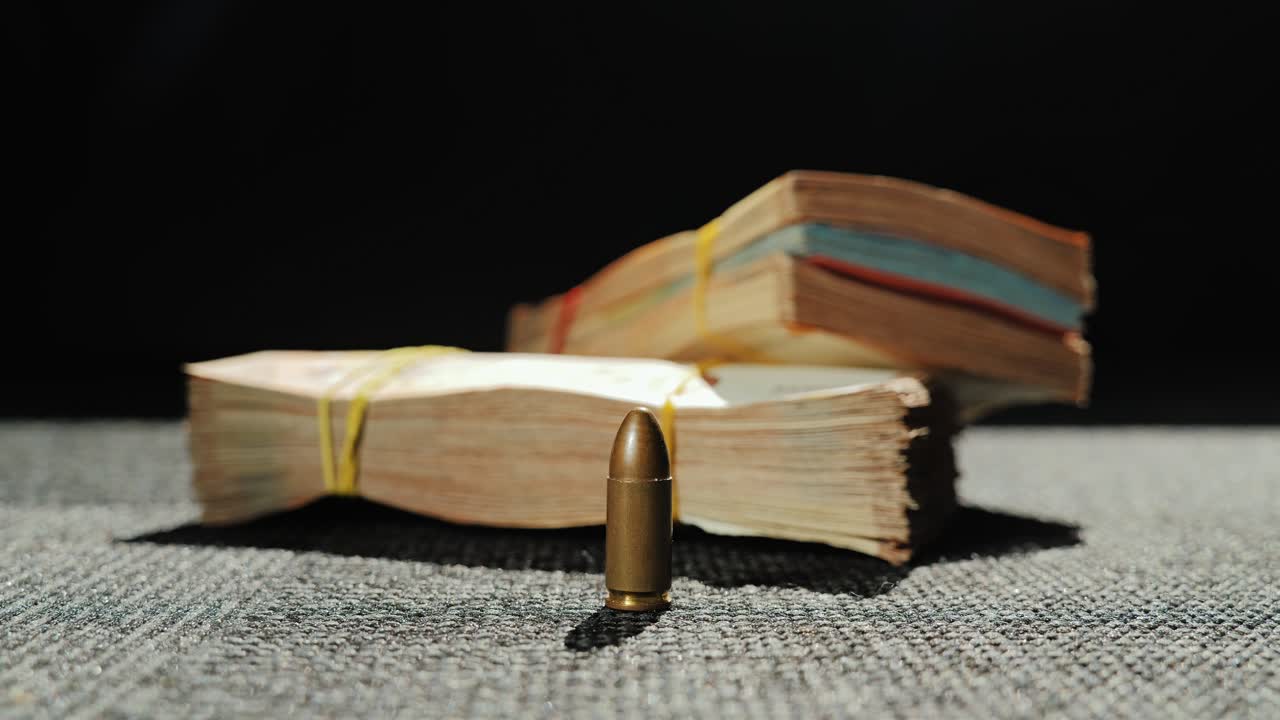 Symbolic close up of money and ammunition exposes economy of armed conflict