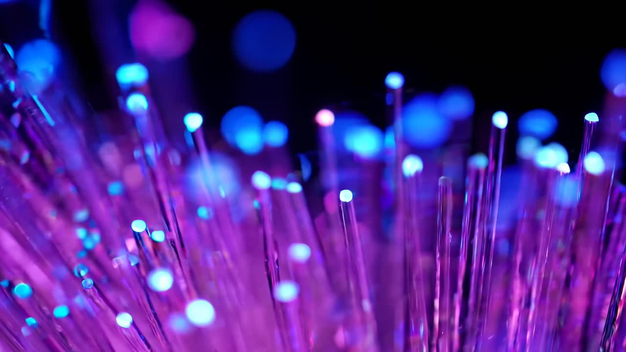 Close-up, vibrant purple and blue fiber optics, creating a dynamic, futuristic video feel