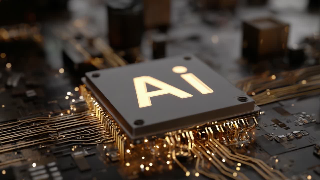 An Intricate Close-Up of an AI Chip Showcasing Advanced Technology Through Illuminated Circuits and Metallic Components