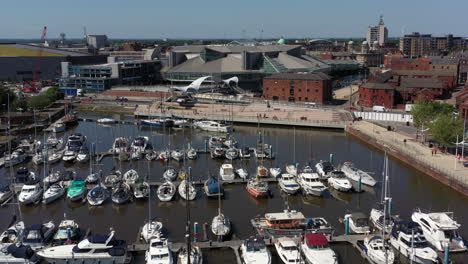 low backwards aerial flight to reveal hull marina and the lock gates