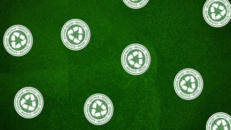 animation of recycling symbols in circles floating on green background