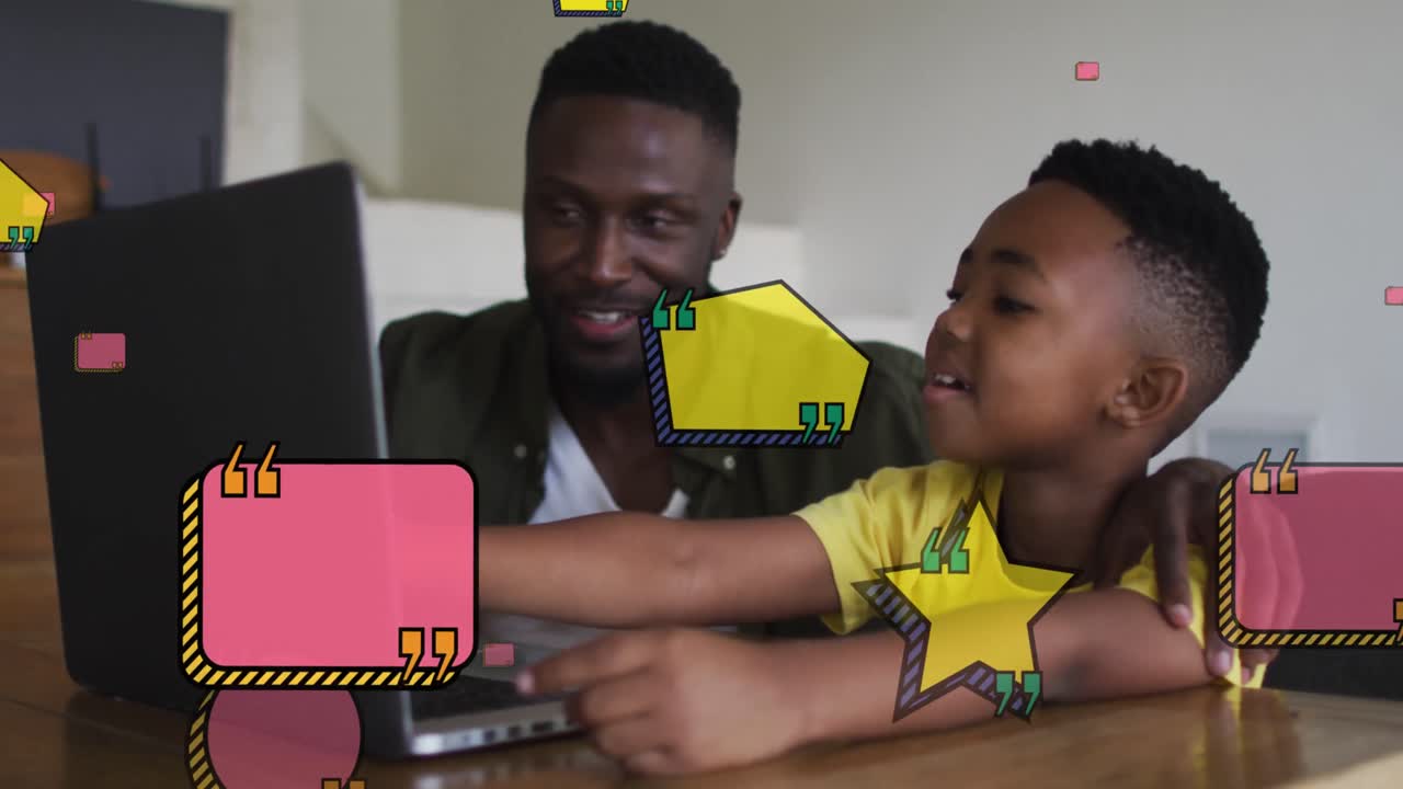 Animation of school items over happy african american father and son using laptop