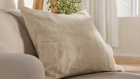close-up of a beige throw pillow on a sofa in a living room