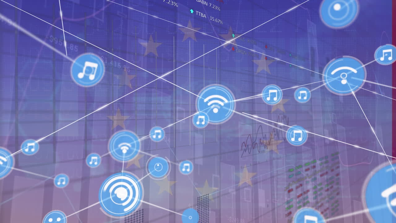 animacja sieci połączeń z ikonami nad flagą ue i przetwarzanie danych