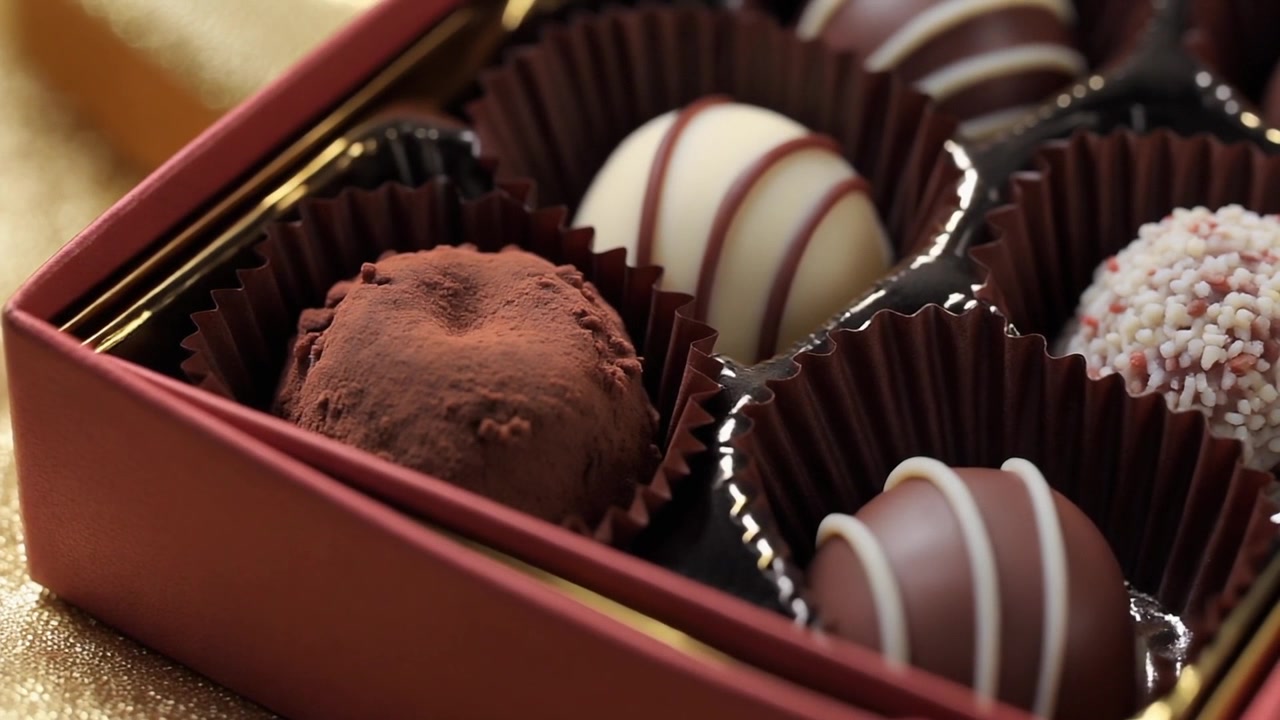 赤いギフトボックスに入った高級チョコレートの詰め合わせ。
