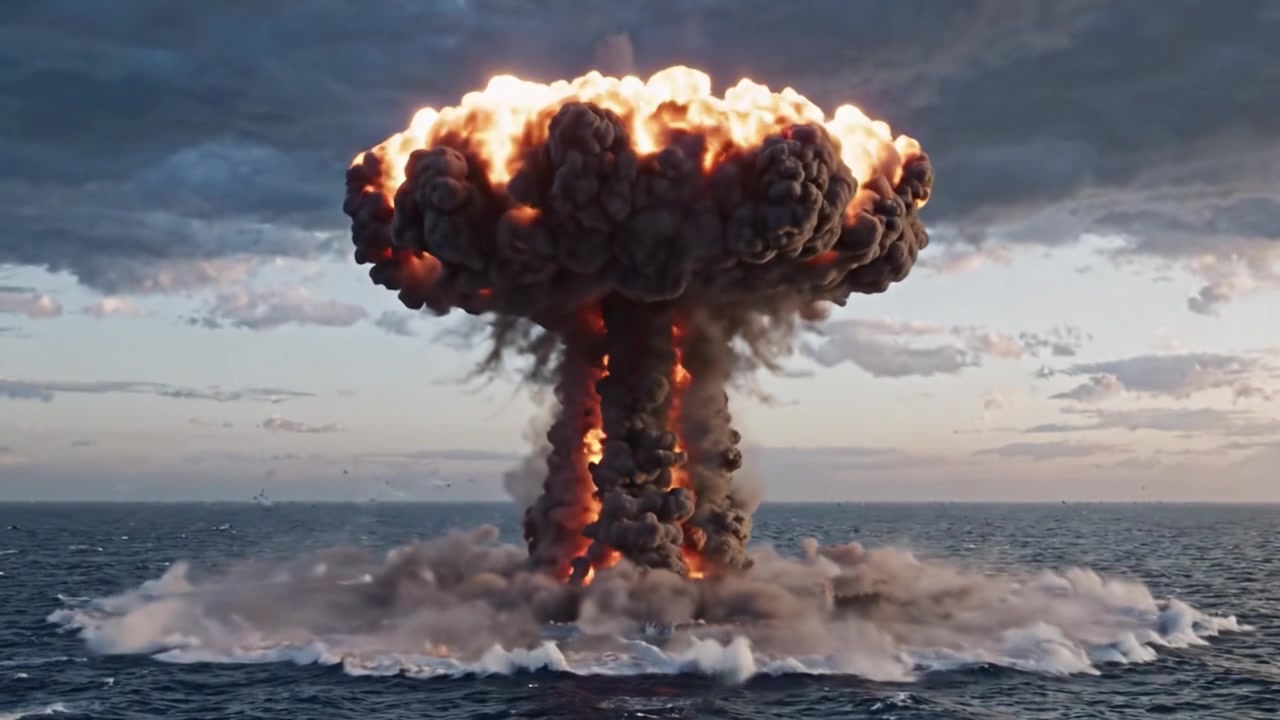 Spektakulær eksplosjonssekvens fanget over havet: Overgangen fra innledende detonasjon til massiv ildkule og dannelse av tykk soppsky