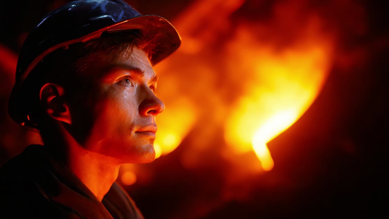 En målrettet ung minearbejder stirrer intenst ind i smedjens brændende dyb, og udstråler robusthed og fokus i mødet med modgang, hvilket viser den viljestyrke og beslutsomhed, der kræves i branchen.