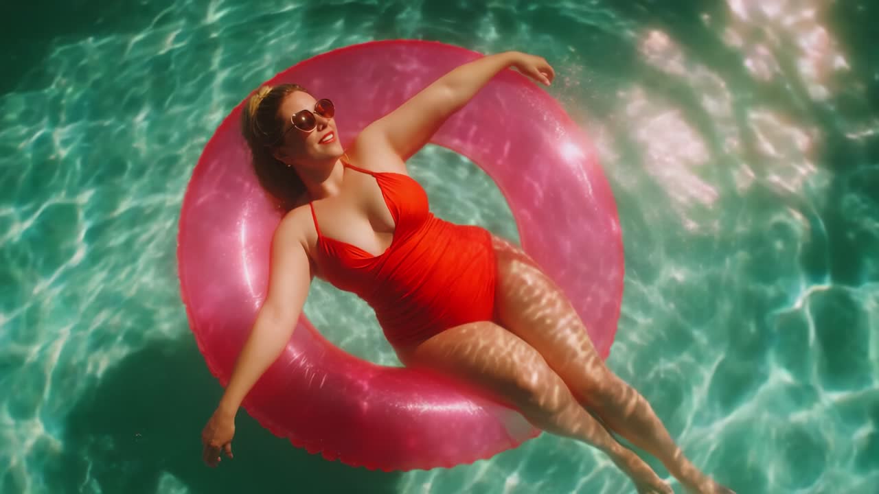 A Relaxing Summer Scene: A Woman in a Bright Orange Swimsuit Floating on a Pink Inflatable Ring in Crystal Clear Pool Water Under the Sunlight