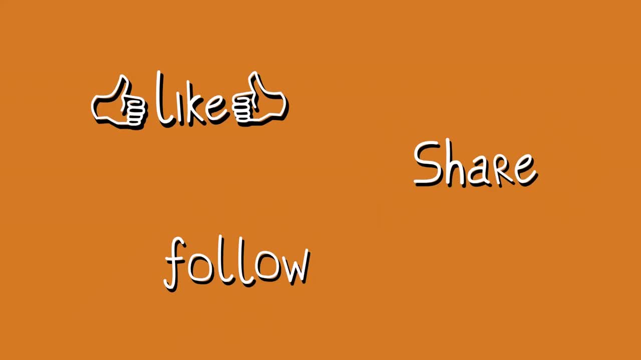 Animation of words Share Follow and Like flickering on orange background