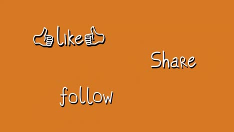 animation of words share follow and like flickering on orange background