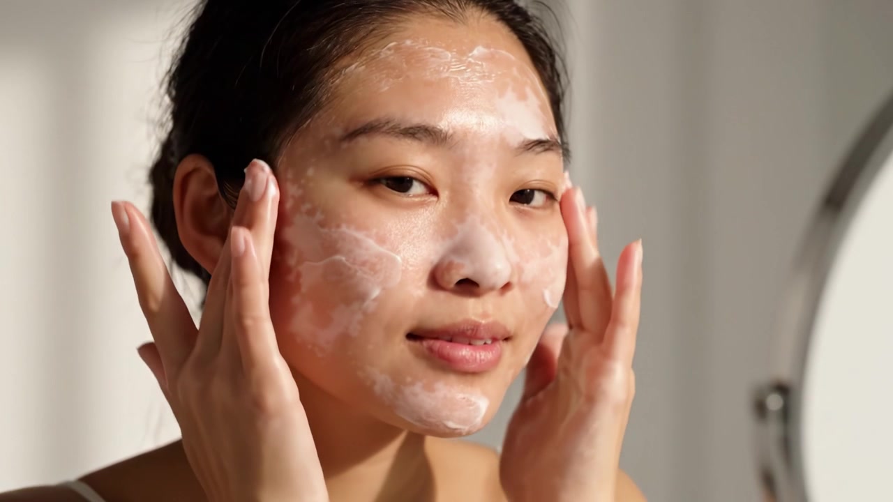 A Young Woman Enjoys a Refreshing Skincare Routine with Cleansing Foam, Carefully Applying It on Her Face in a Bright, Minimalist Bathroom Setting