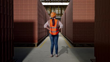 full body back view of a female engineer wearing safety helmet looking around while standing with arms akimbo with red brick packed in stacks are stored