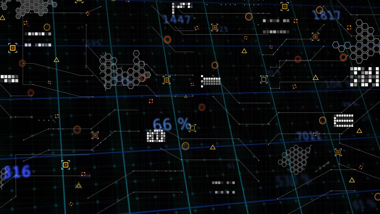 Dark teal grid initiating floating numeric values and pulsing shapes visualizing data panel