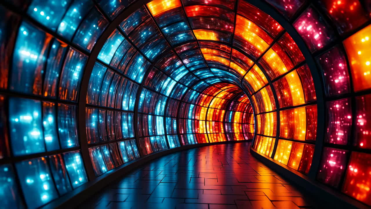 Colorful tunnel with bright lights and smooth surface attracts visitors at night in vibrant setting