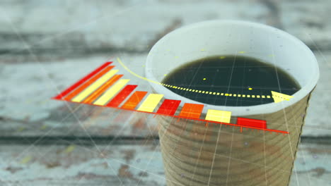 animación de la flecha en el gráfico de barra que cae sobre la vista superior de la taza de café en la mesa de madera