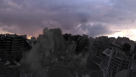 destroyed cityscape at sunset