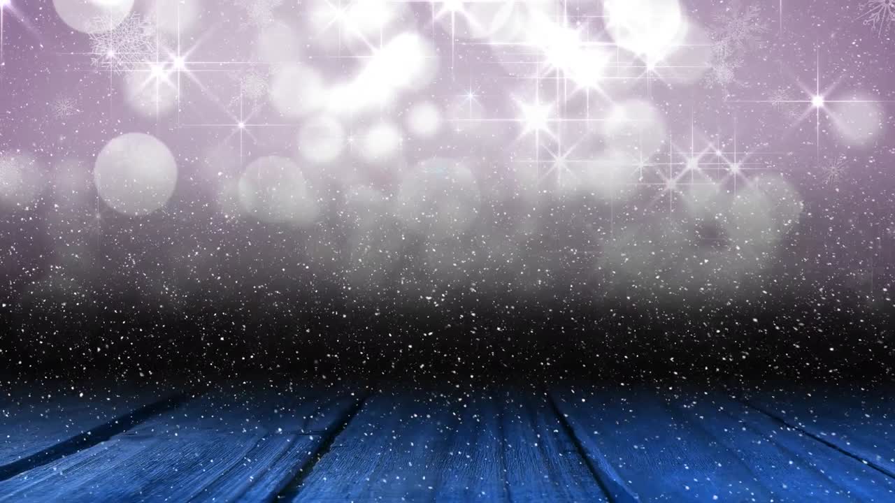 복사 공간과 나무 표면으로 빛나는 반점 위에 떨어지는 눈의 애니메이션