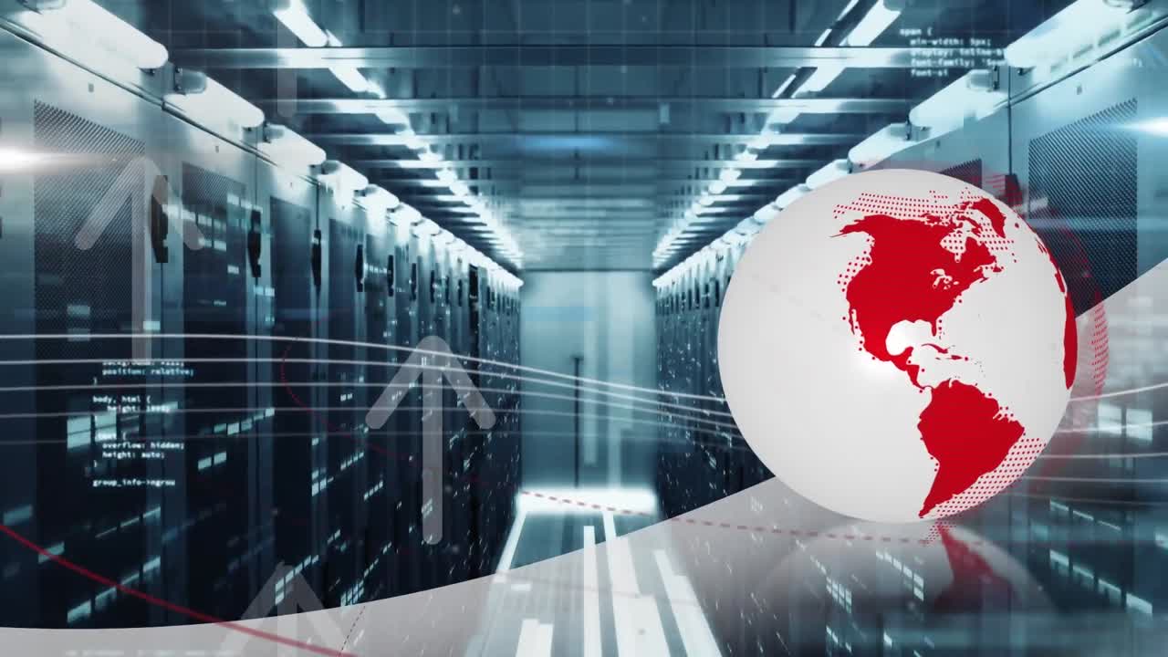 Animation of spinning globe, data processing and mosaic squares against computer server room
