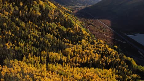 Drone-Shot-of-Autumn-Colors,-Lake-and-Countryside-Road-in-Landscape-of-Colorado-USA