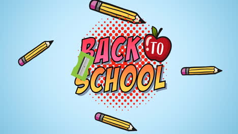 animation of back to school text over school items icons on blue background