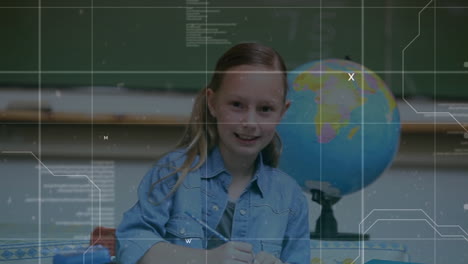 animation of a girl writing on a book over data processing in the background