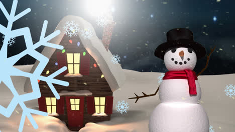 animation of falling snowflakes over snowman and winter landscape