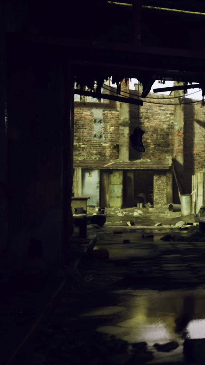Abandoned building with debris and broken furniture in low light