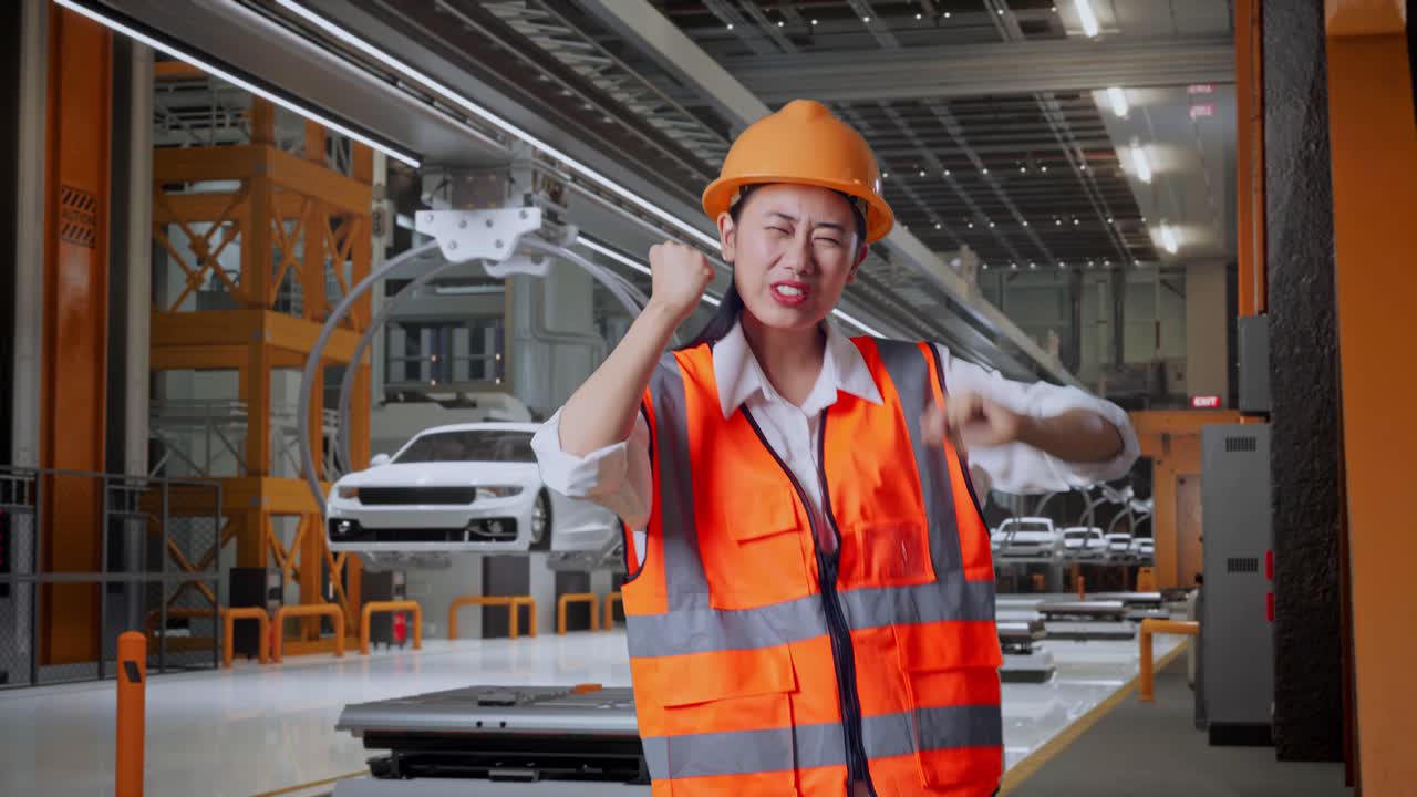 안전 헬을 입은 아시아 여성 엔지니어가 골을 외치며 ev 자동차 공장에서 춤을 추며 축하합니다.