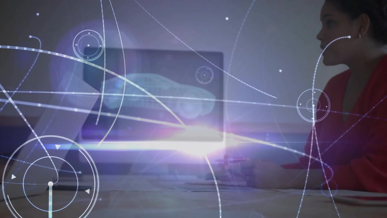 Left team lifting laptop and typing, HUD overlays appearing across screens over 3D car for design