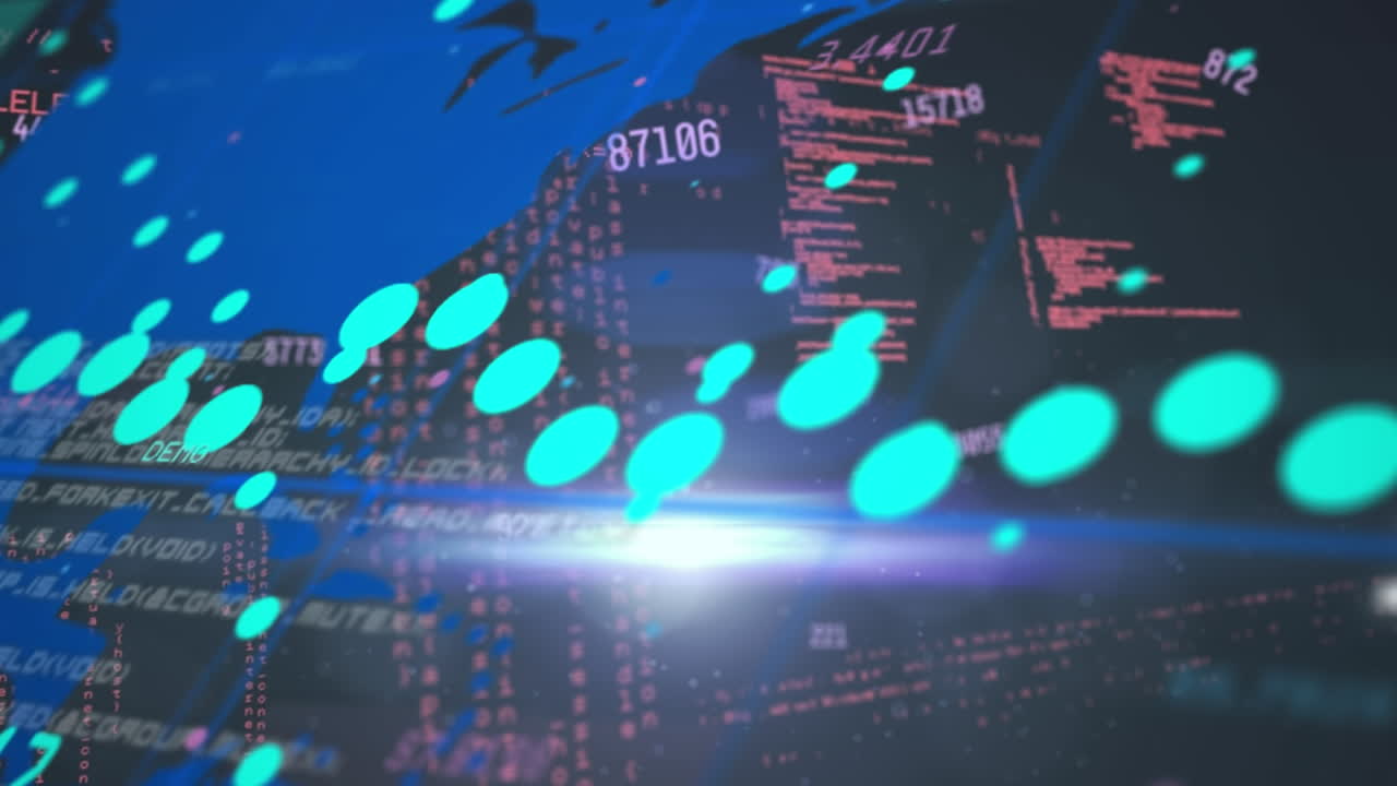 블랙 배경에 데이터를 가진 지구, 그래프 및 디지털 화면의 애니메이션