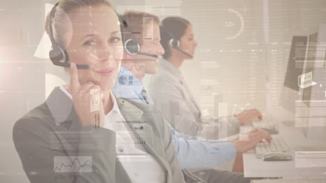 animation of statistics recording over business people using phone headsets