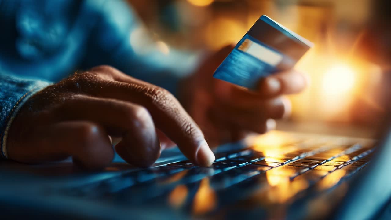 A close-up view of a hand holding a credit card while typing on a laptop keyboard, illustrating online shopping and digital transactions in a modern, illuminated environment