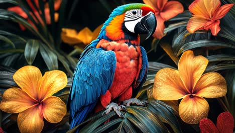 vibrant macaw perched among colorful tropical flowers in nature