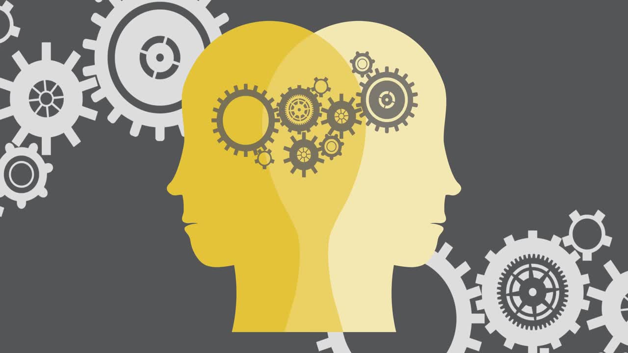 animación de engranajes sobre caras amarillas sobre un fondo gris con engranajes