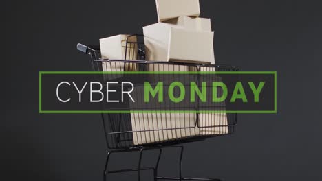 Animación-Del-Texto-Del-Cyber-Monday-Sobre-El-Carrito-De-La-Compra.