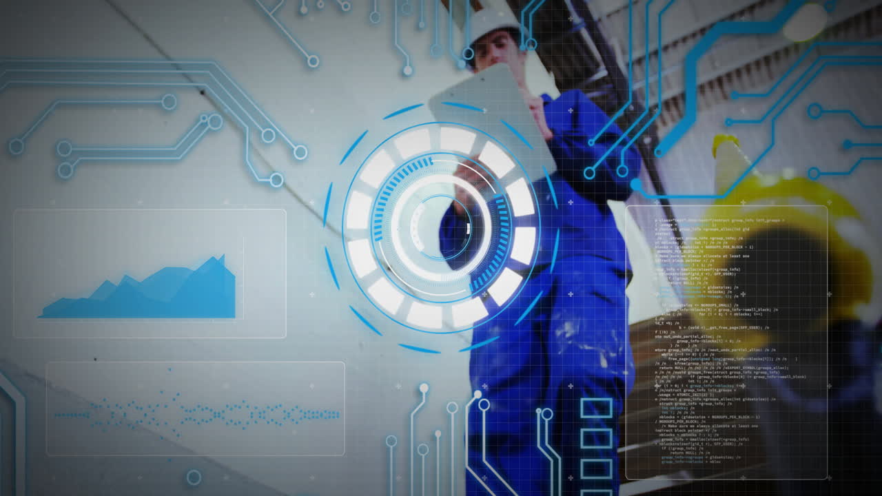 animación de placa de circuito y procesamiento de datos sobre trabajador masculino caucásico con clipboard