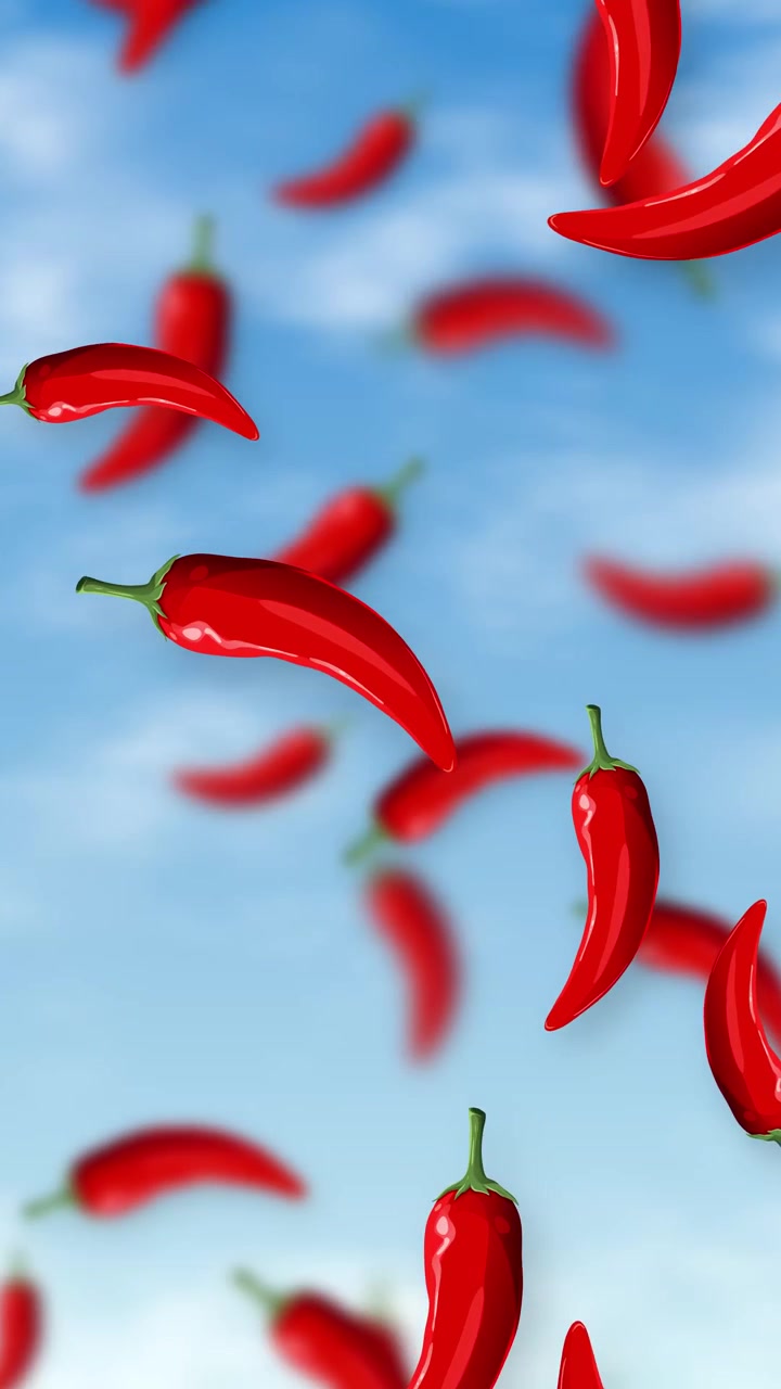 Vertical animation of red chili peppers falling against a blue sky with soft clouds.