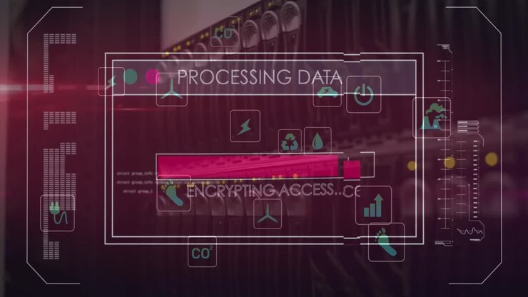 Animation of data processing and icons on digital screen over black background