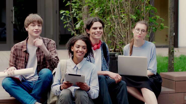 Multiethnic friends in university campus.