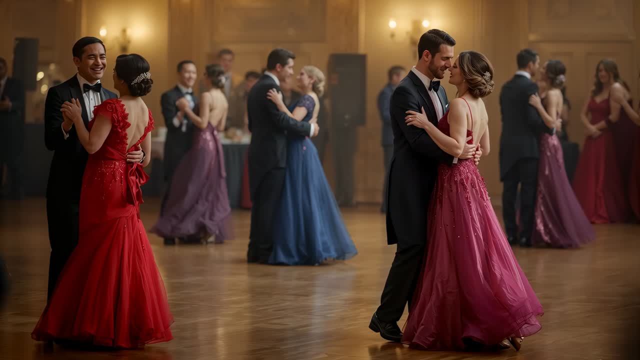 Panning camera, man in tux pulling woman in magenta gown, kissing on dance floor romantically